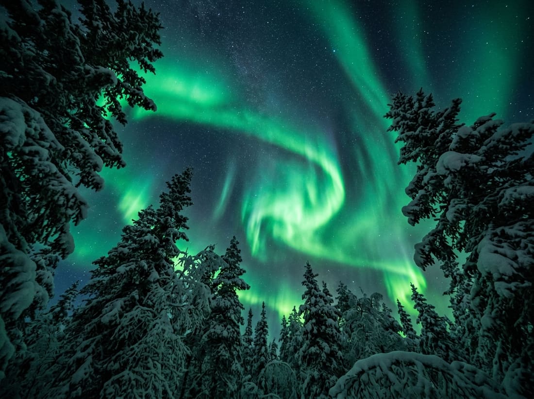 Aurore boréale verte tourbillonnant au-dessus d'une forêt de sapins enneigés en Laponie