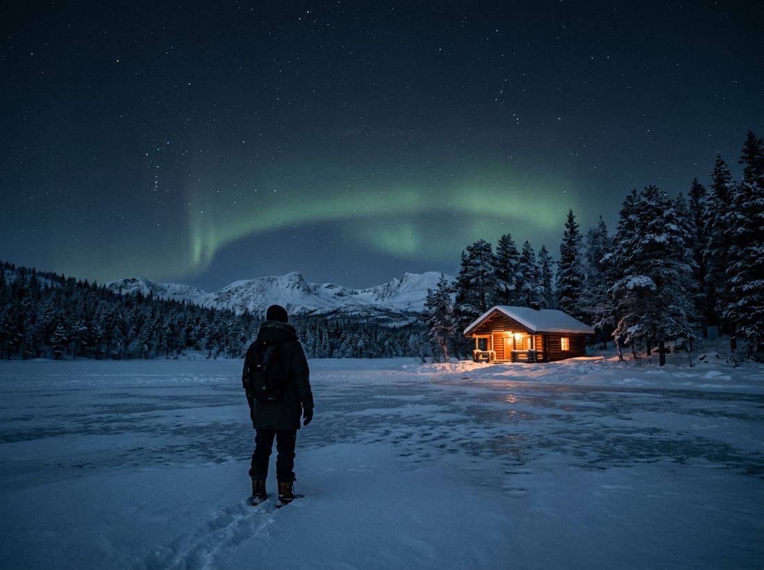 Cabane chaleureuse éclairée sous une aurore boréale verte au bord d'un lac gelé de Laponie