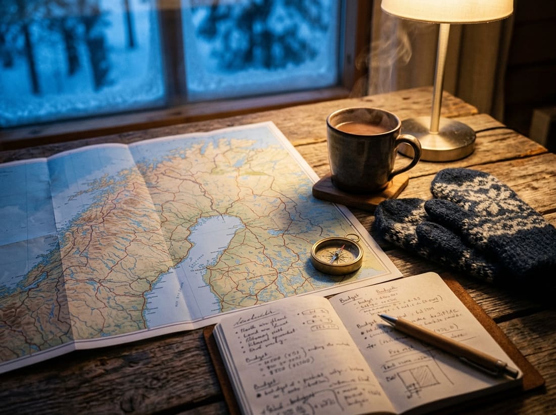 Carte de Scandinavie, carnet et mug sur une table en bois, préparation d'un voyage en Laponie
