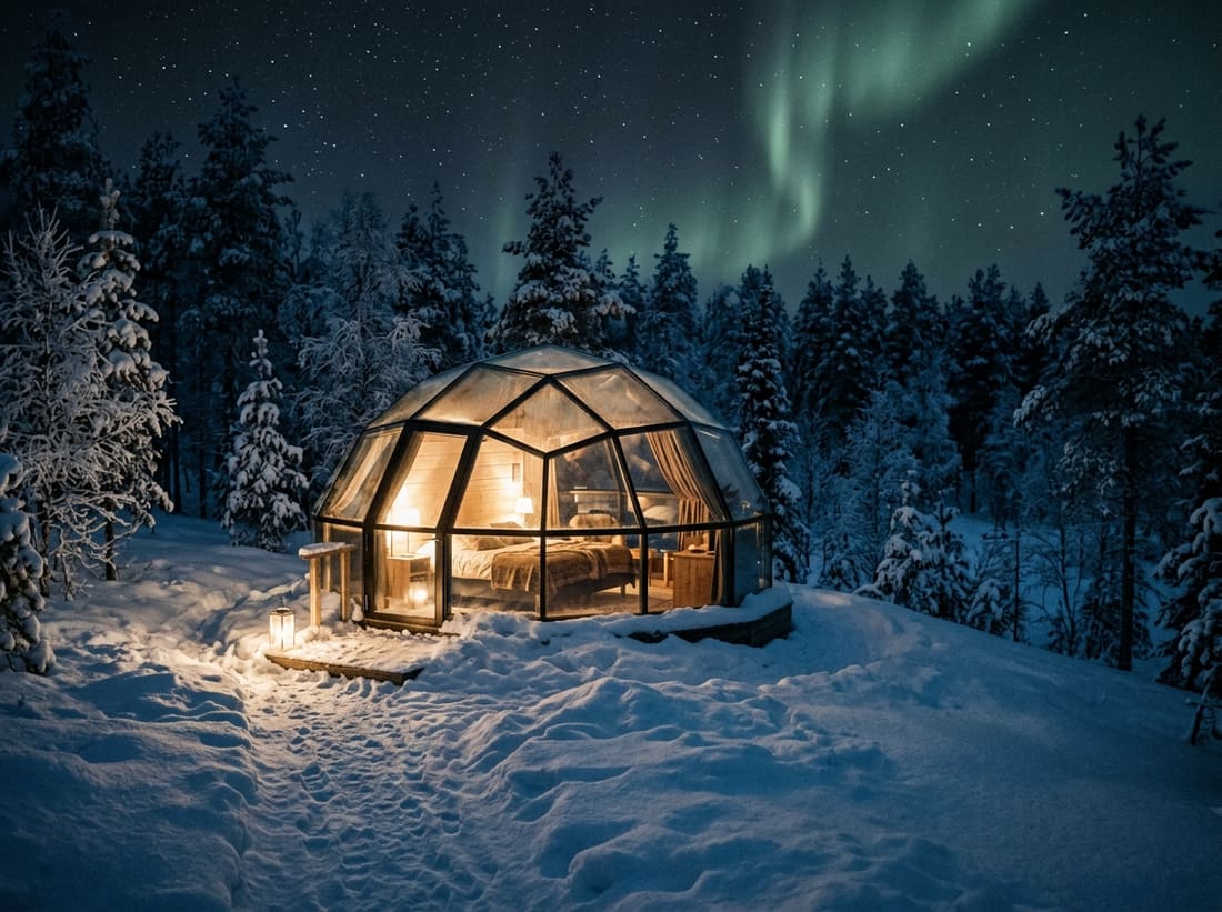 Igloo de verre éclairé dans la neige sous les aurores boréales en Laponie