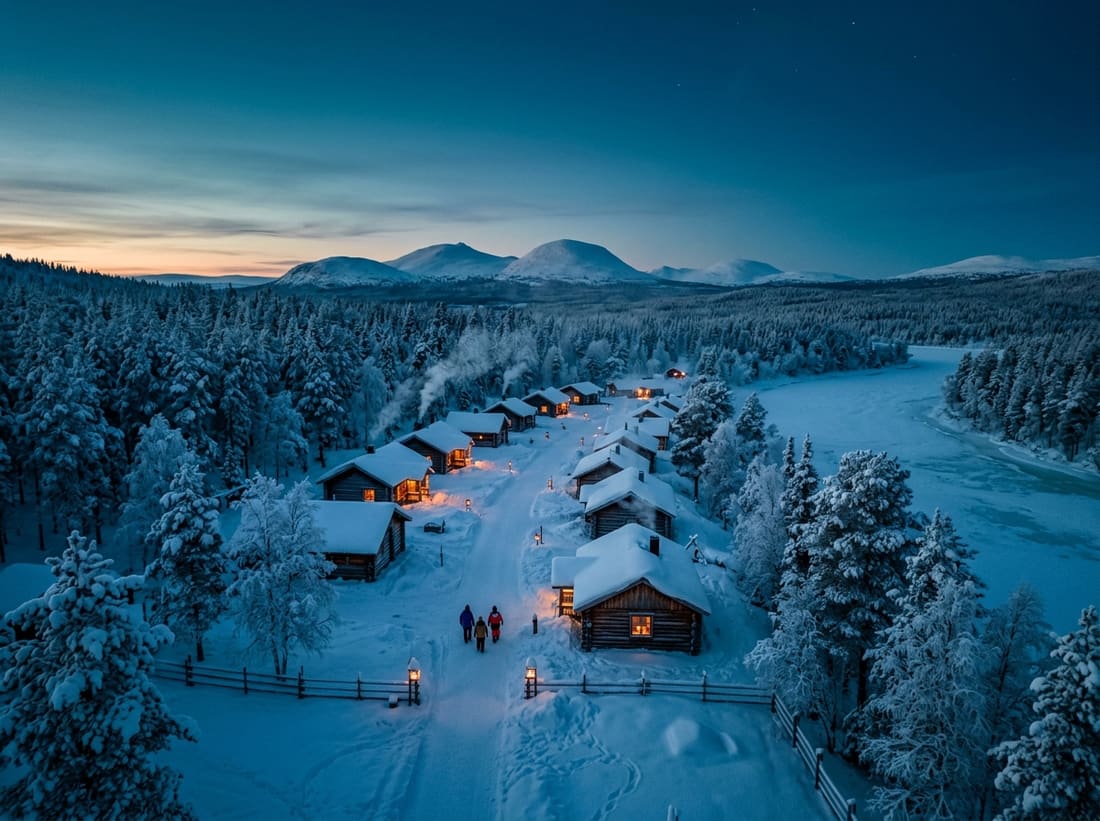 Petit village enneigé de Laponie aux fenêtres illuminées, au crépuscule polaire