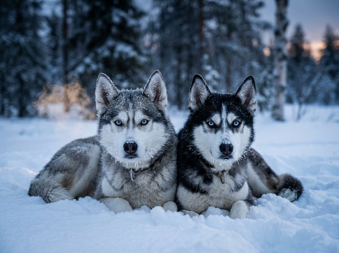 Gros plan sur deux huskies de traîneau aux yeux clairs dans la neige fraîche de Laponie