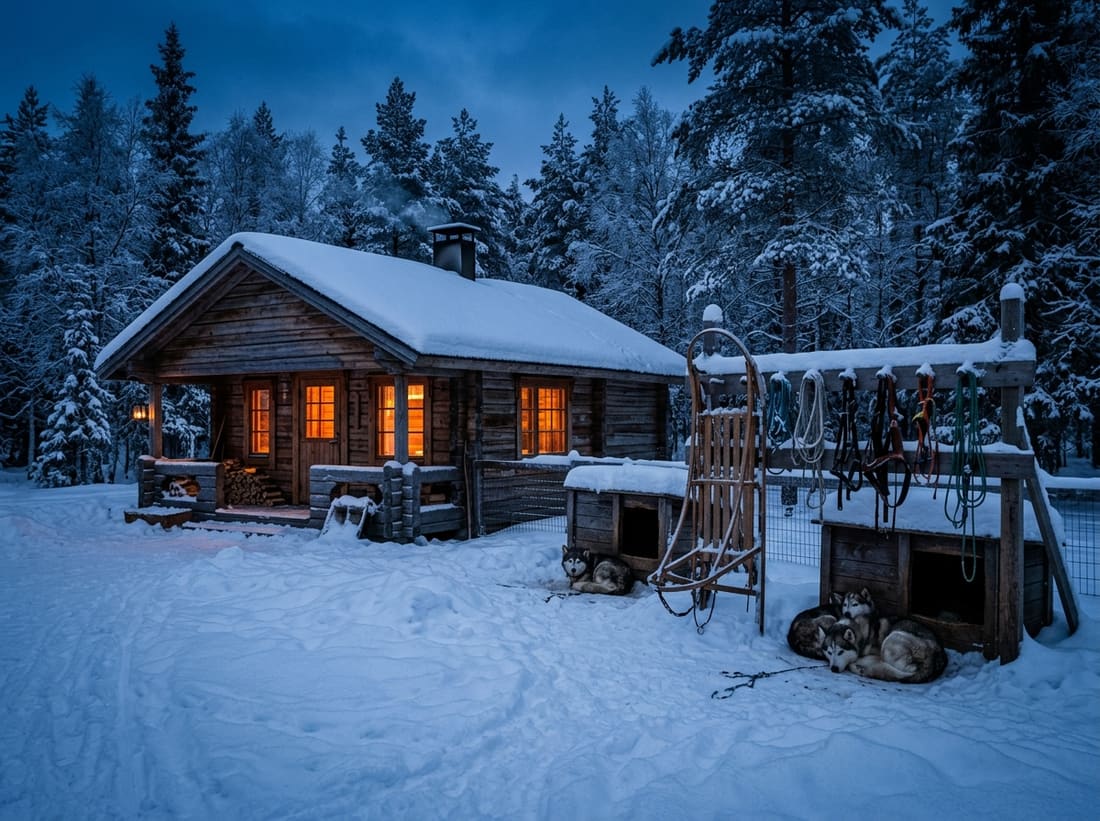 Cabane et ferme de huskies en bois à la lisière d'une forêt enneigée de Laponie à l'heure bleue