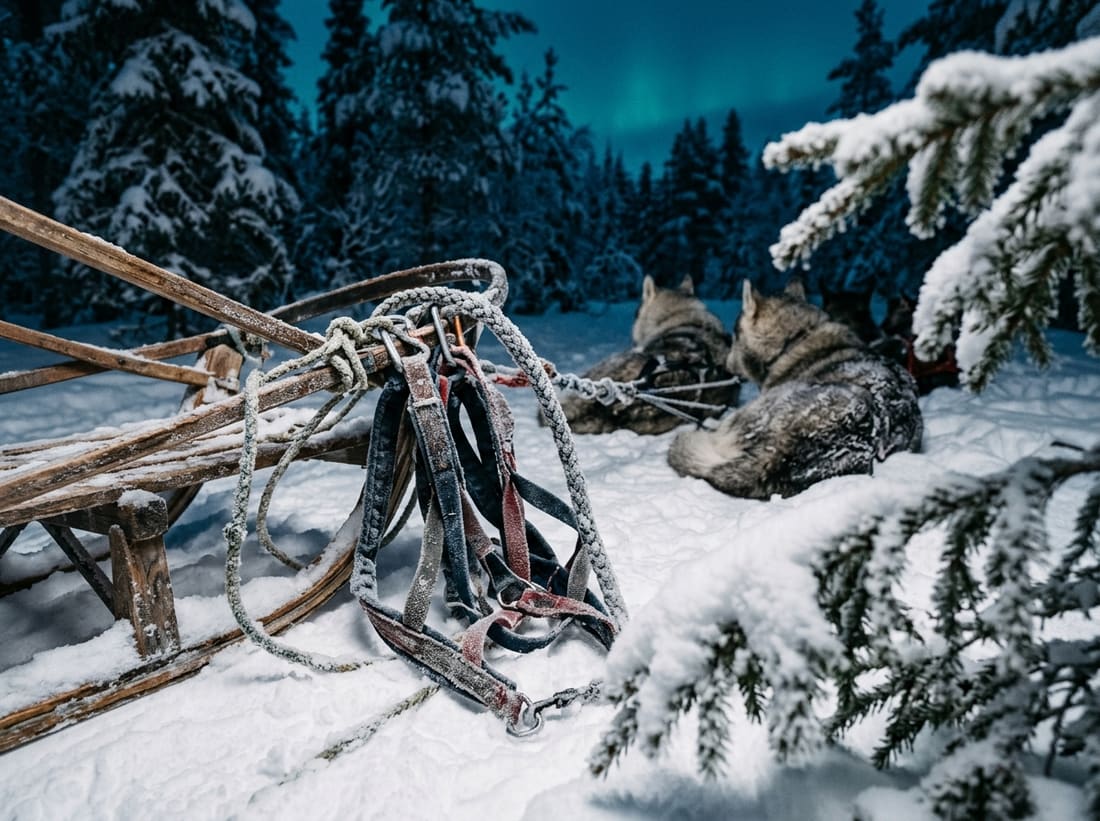 Traîneau et harnais de huskies posés sur la neige fraîche en Laponie à l'heure bleue