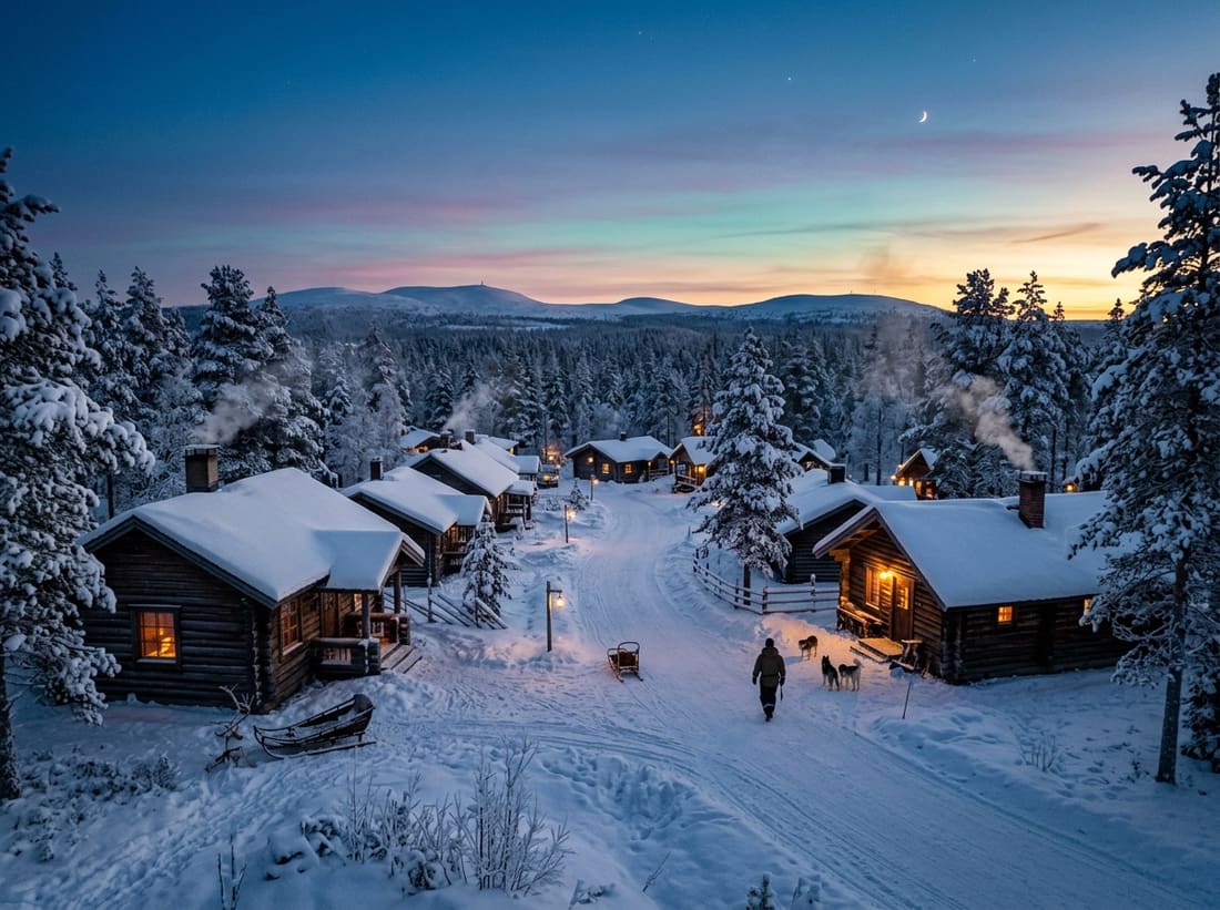 Petit village de chalets en bois enneigés en Laponie sous un ciel crépusculaire