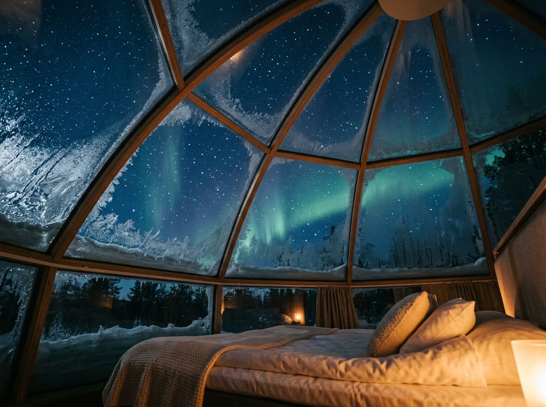 Vue à travers la coupole de verre d'un igloo en Laponie vers un ciel étoilé