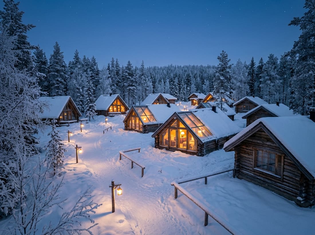 Village de chalets et igloos de verre éclairés à l'heure bleue en Laponie