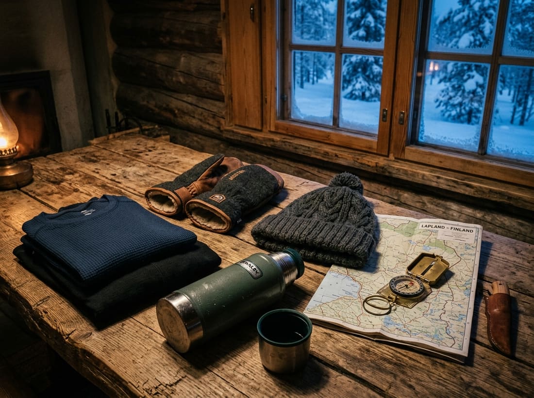 Équipement grand froid posé sur une table en bois dans un chalet de Laponie