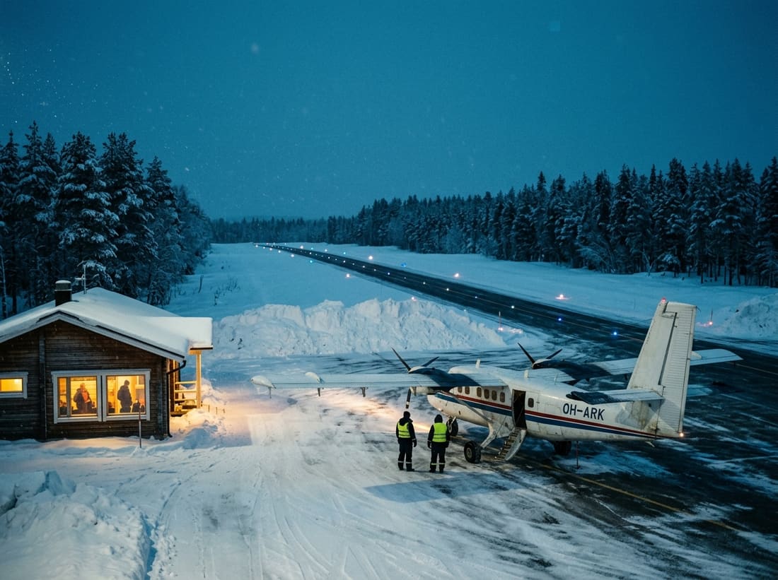 Petit aéroport arctique de Laponie sous la neige à l'heure bleue