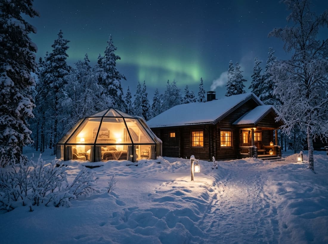 Igloo de verre et chalet en bois illuminés sous une faible aurore en Laponie finlandaise