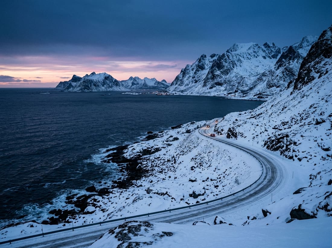 Route côtière enneigée le long d'un fjord de Laponie norvégienne au crépuscule