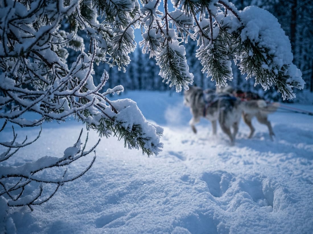 Attelage de huskies et forêt enneigée dans la Laponie suédoise