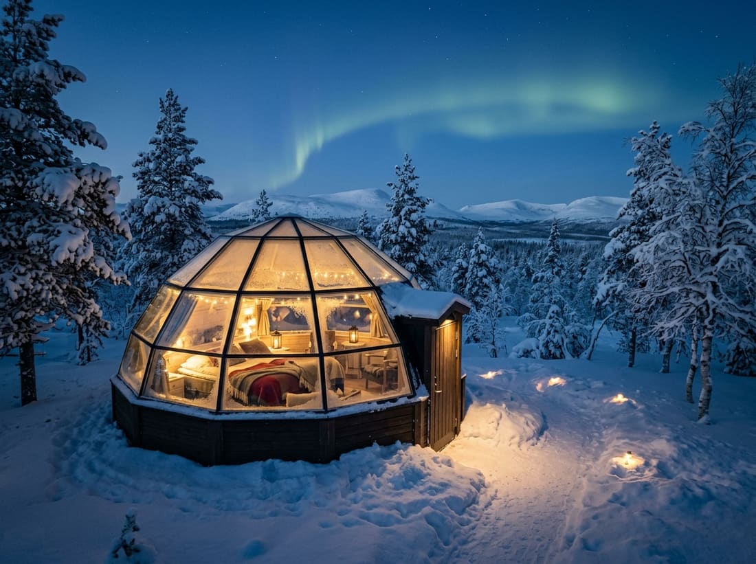 Cabane igloo de verre illuminée sous un ciel d'aurore en Laponie suédoise