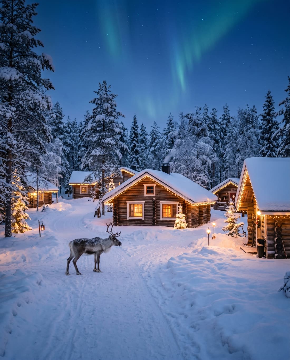 Village enneigé et renne en Laponie près de Rovaniemi au crépuscule