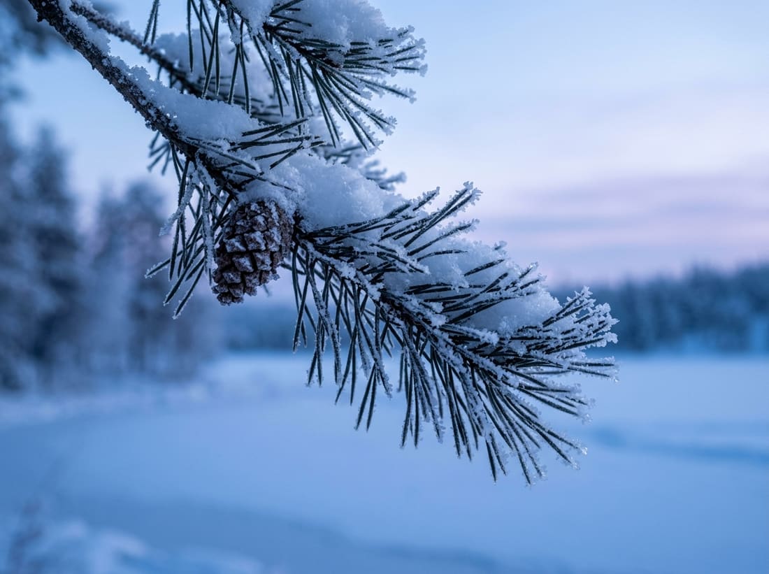 Branche de pin couverte de givre devant un lac gelé en Laponie au crépuscule bleu