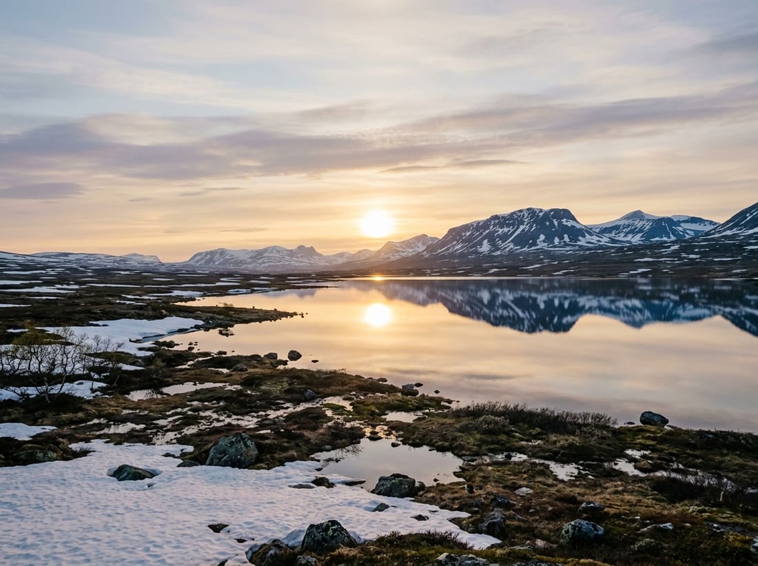Toundra de Laponie sous le soleil de minuit, lac arctique reflétant un soleil bas et doré