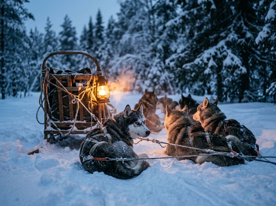 Attelage de chiens de traîneau au repos dans la neige fraîche au crépuscule en Laponie