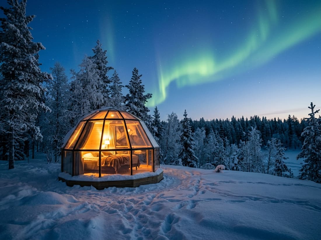 Igloo de verre illuminé dans la neige sous une aurore boréale naissante en Laponie