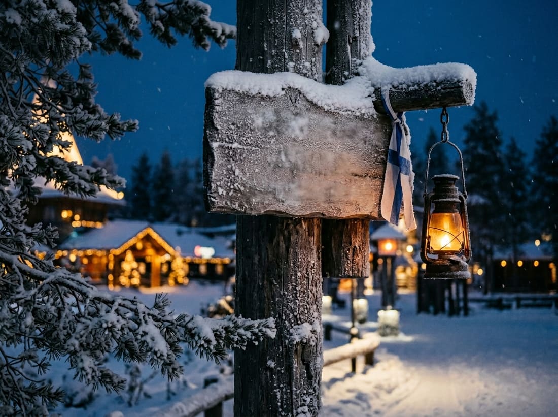Panneau enneigé sur le cercle polaire à Rovaniemi, lanterne et chalets en bois illuminés