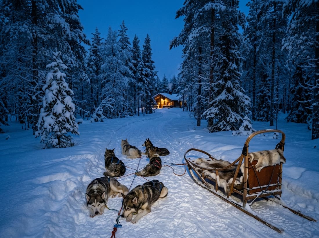 Attelage de chiens de traîneau et traîneau en bois sur une piste enneigée près de Rovaniemi