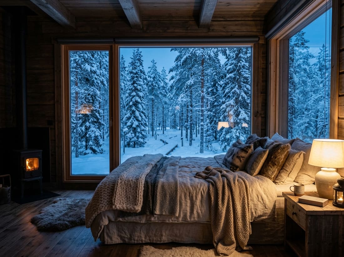 Chambre cosy d'un chalet en Laponie avec vue sur la forêt enneigée