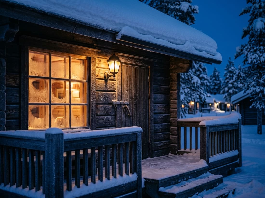 Chalet en bois éclairé sous la neige dans le village de Levi en Laponie