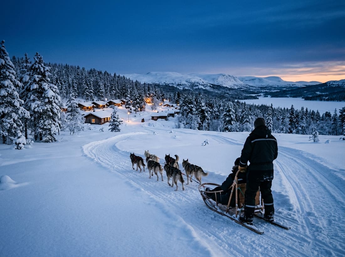 Attelage de chiens de traîneau quittant le village de Levi au crépuscule arctique