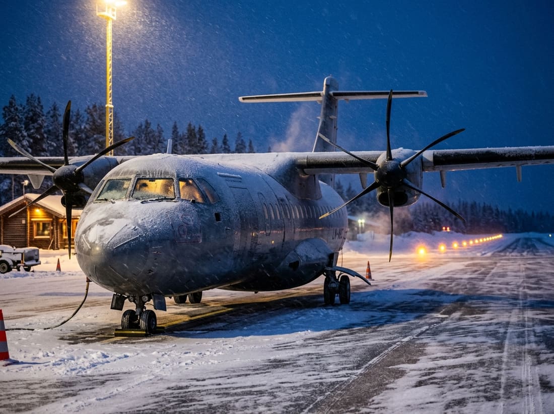 Petit avion régional sur le tarmac enneigé d'un aéroport de Laponie au crépuscule