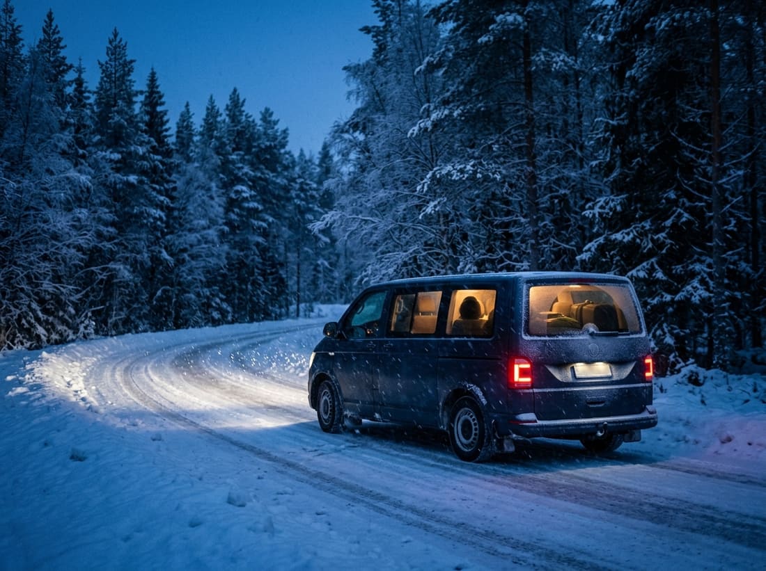Navette privée sur une route forestière enneigée de Laponie à l'heure bleue