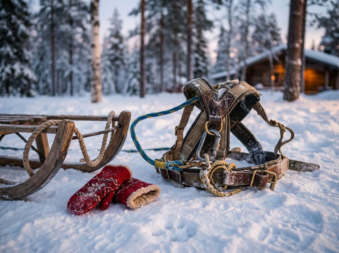 Harnais de chien de traîneau, petites moufles d'enfant et luge en bois sur la neige en Laponie