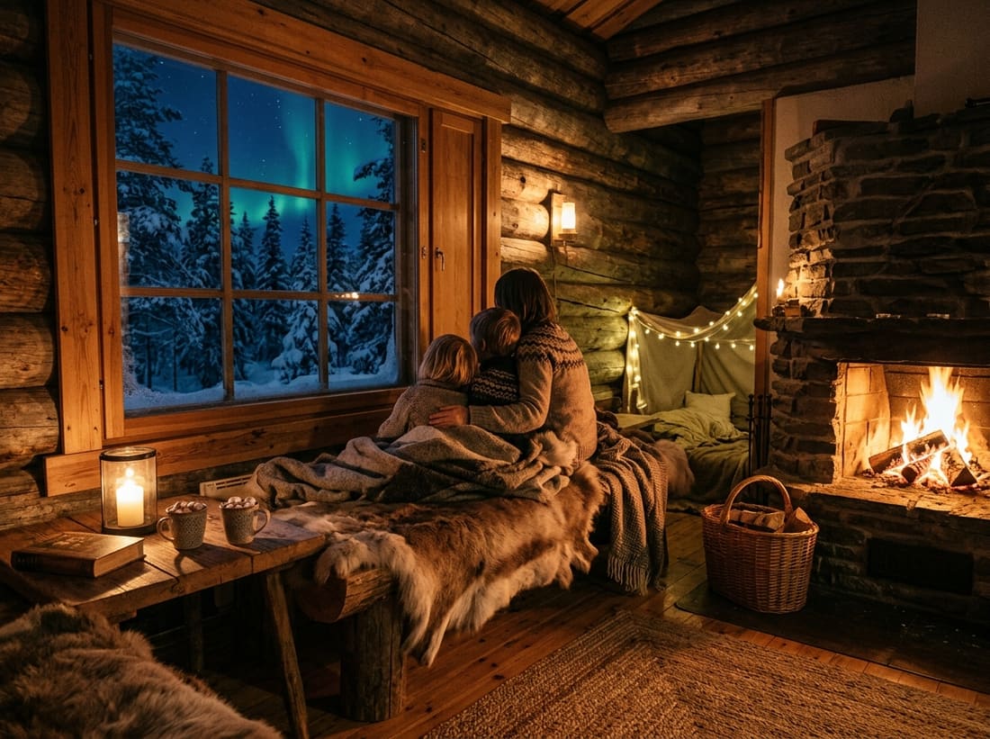 Intérieur chaleureux d'un chalet familial en Laponie avec feu de cheminée et fenêtre sur la forêt enneigée