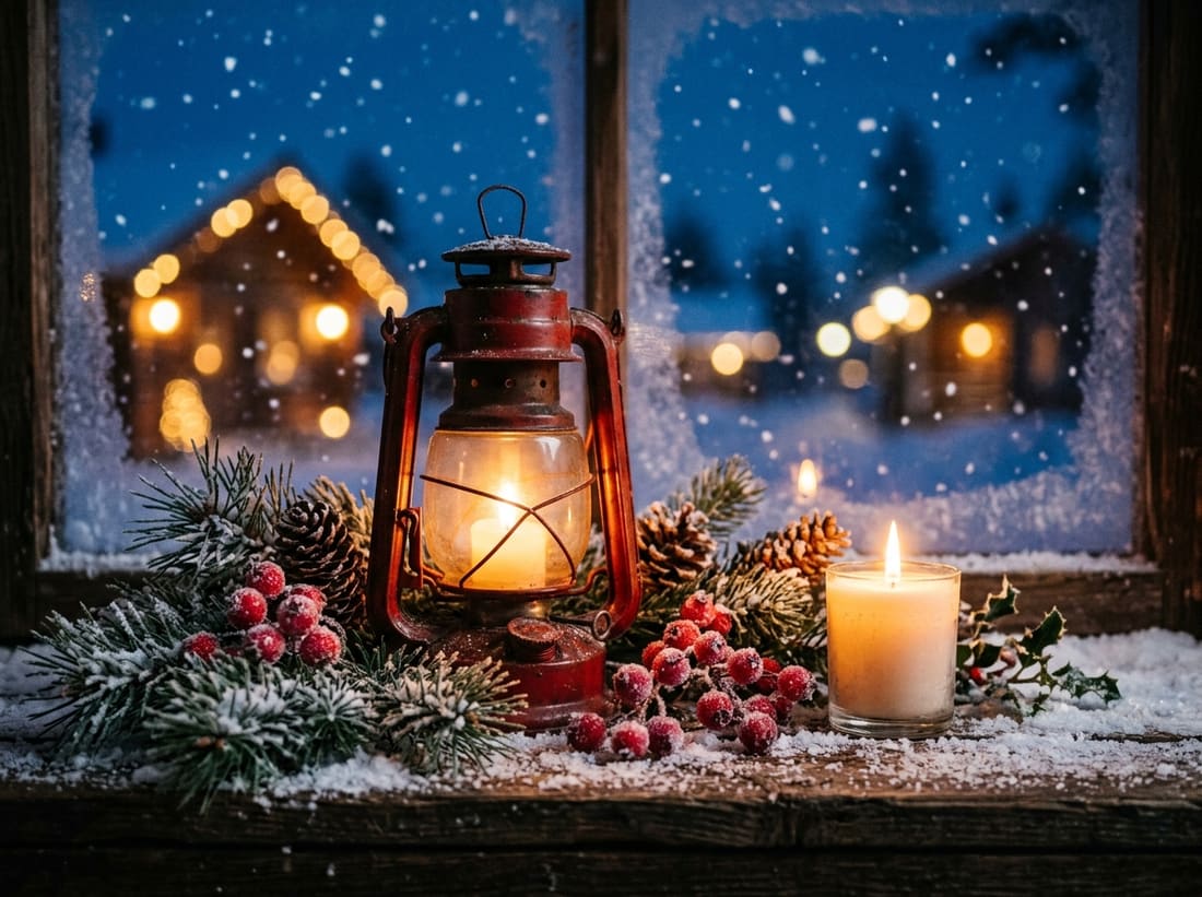 Lanterne rouge et bougie sur un rebord de fenêtre enneigé d'un chalet en Laponie à Noël