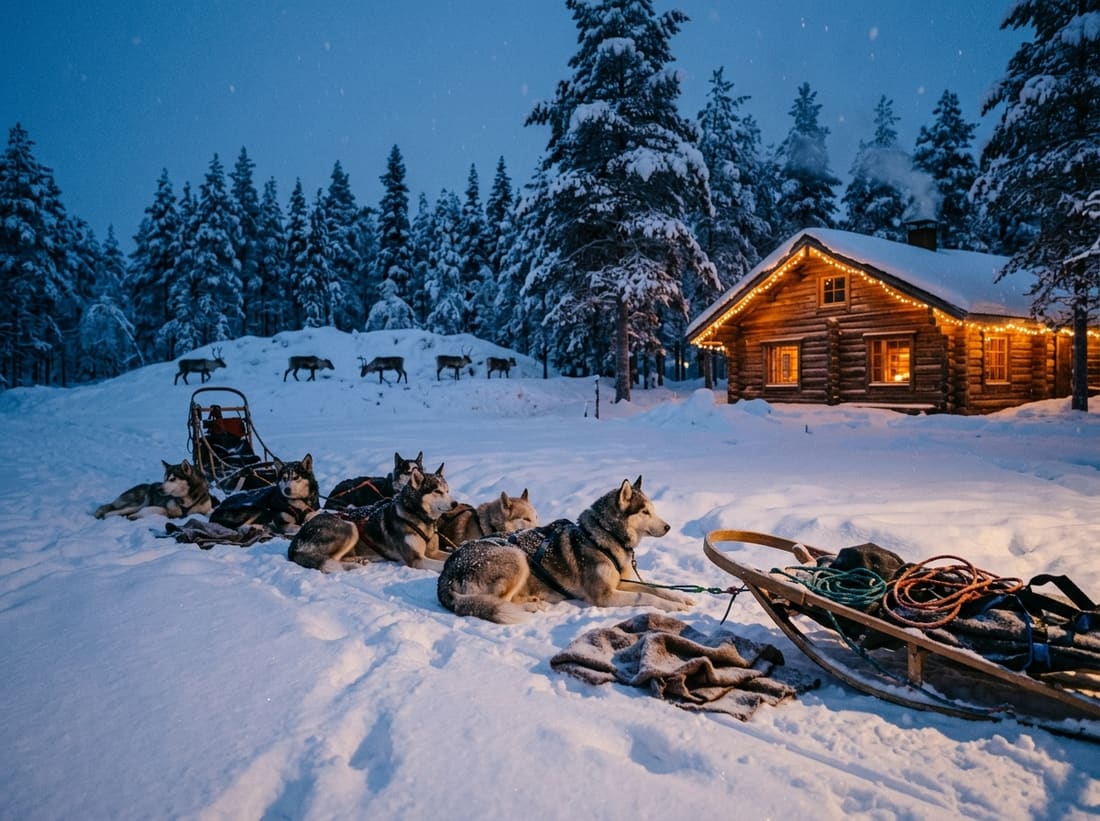 Attelage de chiens de traîneau au repos près d'un chalet illuminé en Laponie à l'heure bleue