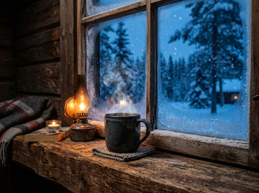 Intérieur chaleureux d'un chalet en Laponie, fenêtre givrée et tasse fumante au crépuscule arctique