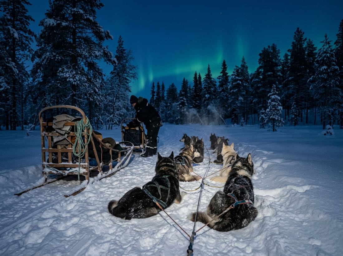 Attelage de chiens de traîneau au repos dans la neige sous une aurore boréale en Laponie