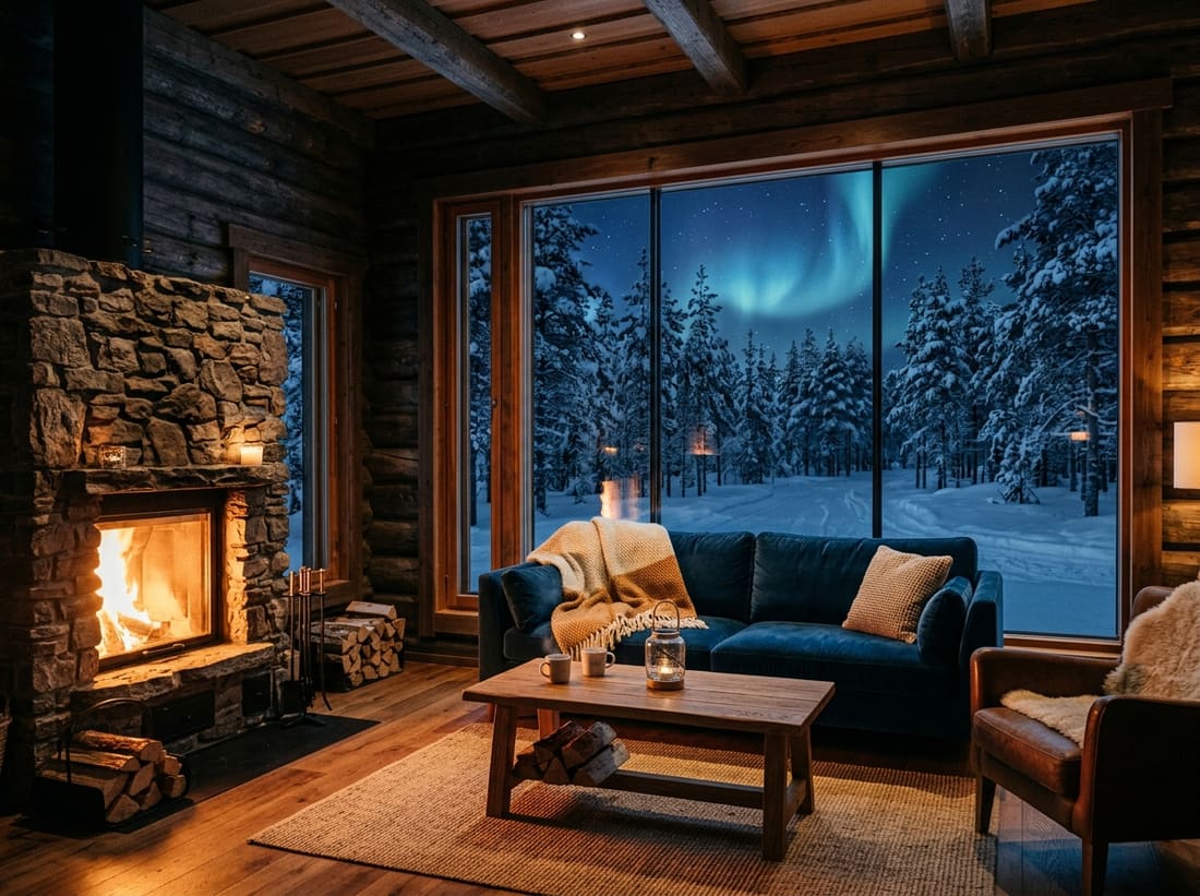 Salon chaleureux d'un chalet en Laponie avec vue sur la forêt enneigée