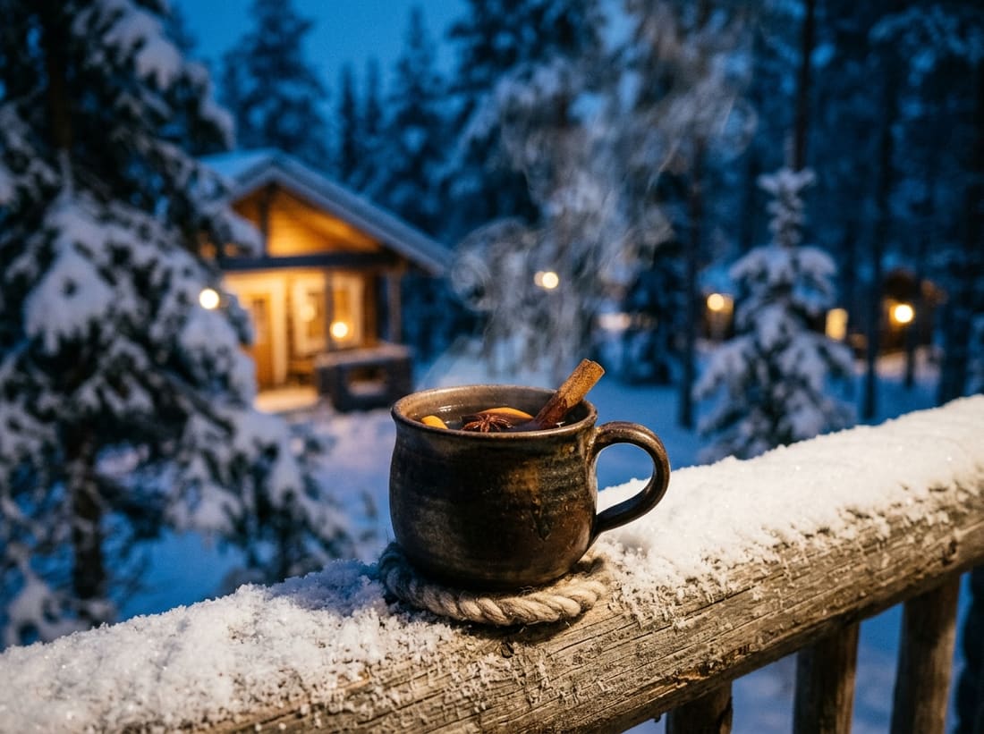 Boisson chaude fumante posée sur la rambarde enneigée d'un chalet de Laponie au crépuscule