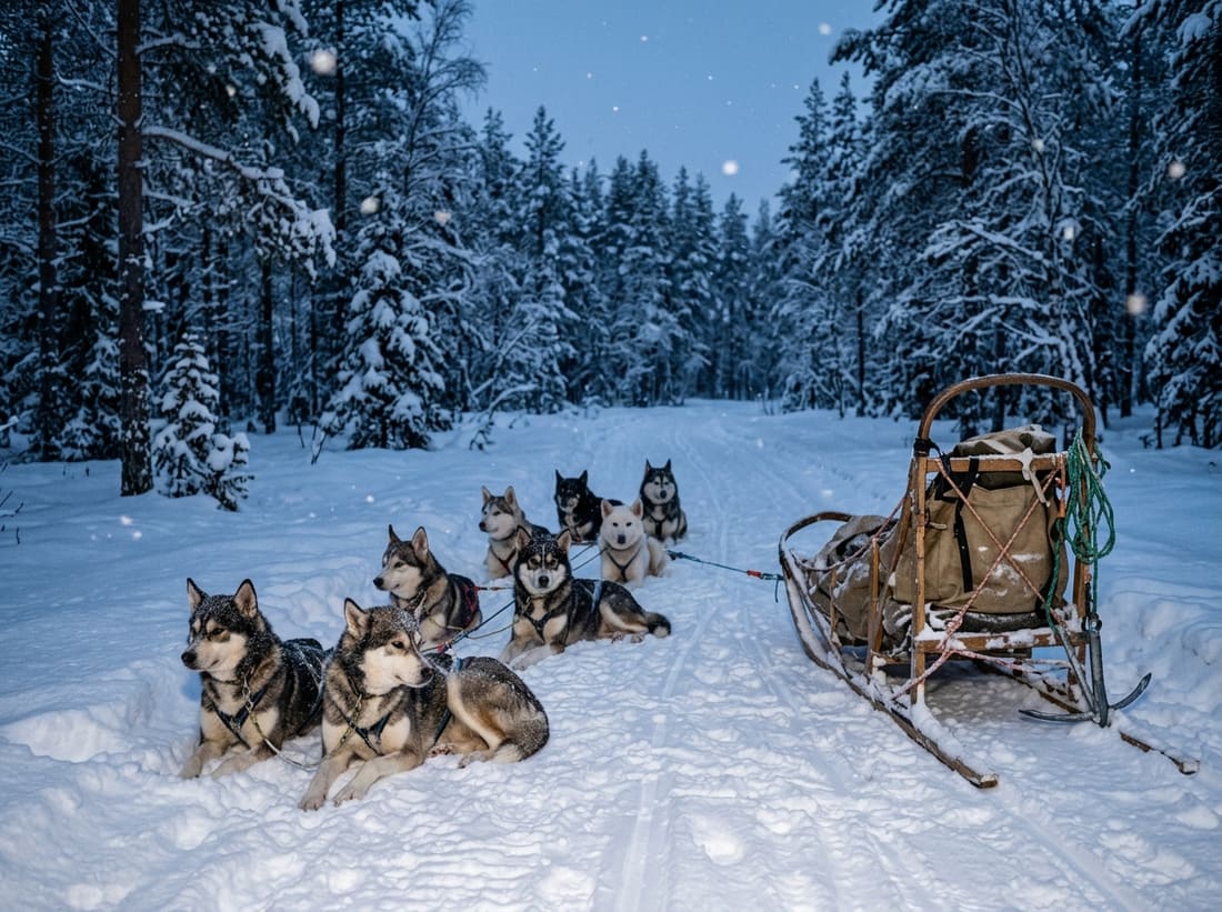 Attelage de chiens de traîneau au repos sur une piste enneigée de Laponie au crépuscule bleu